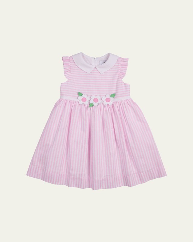 Girl's Cotton Stripe Floral Embroidered Dress, Size 2-6